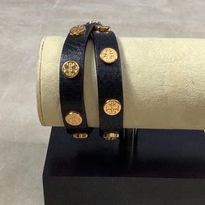 Tory Burch Double Wrap Leather Gold & Silver Logo Studded Bracelet
